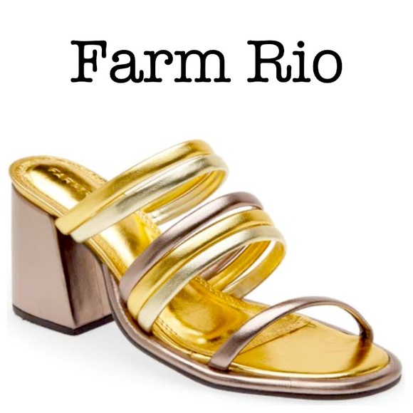 New Farm Rio Metallic Straps Leather Block Sandals Size 7 - Picture 1 of 12